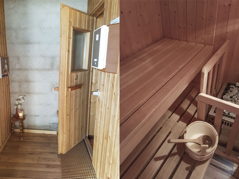 Cabine en bois du sauna de l’espace piscine du camping