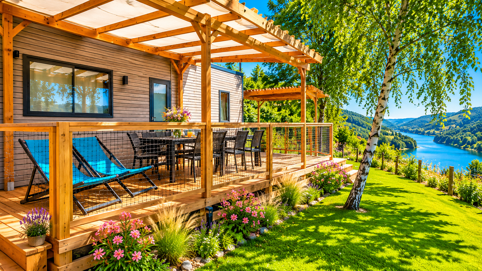terrasse couverte du mobil-home climatisé Brezons 8 personnes avec vue sur le lac