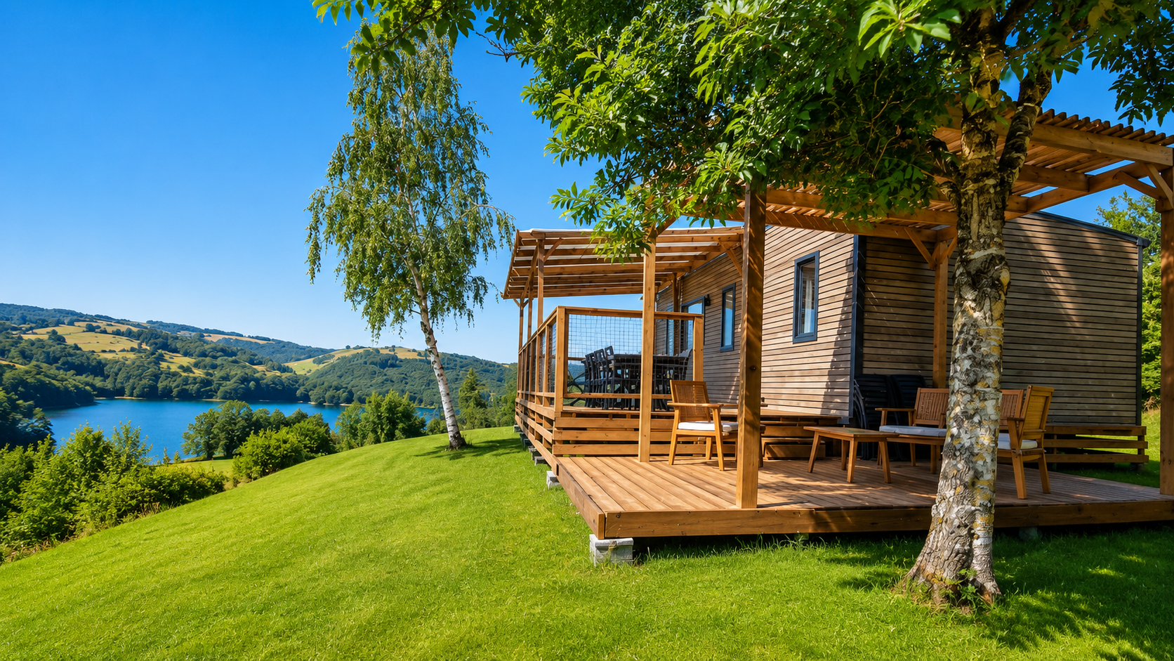mobil-home climatisé Premium avec terrasse en bois face au lac, Cantal